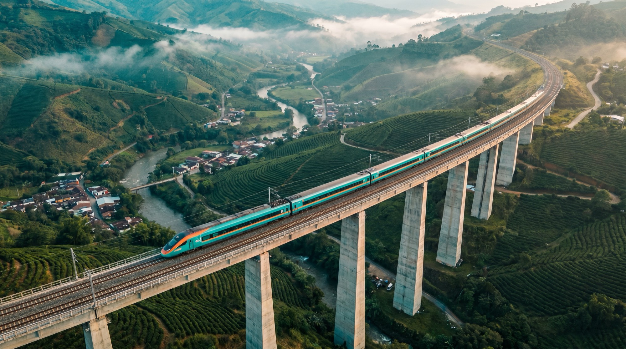 Vista aérea del tren sobre el viaducto en el Eje Cafetero