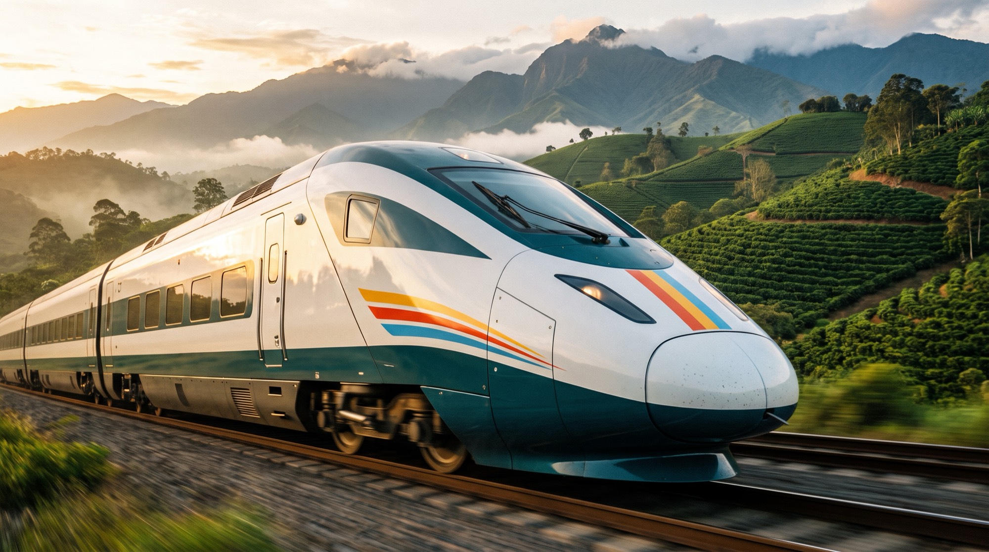 Tren de alta velocidad sobre el paisaje del Eje Cafetero
